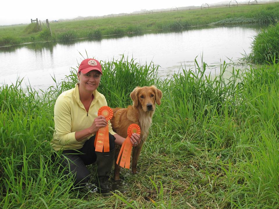 Picture Jennifer Henion in field with golden retriever holding ribbons from a hunt test