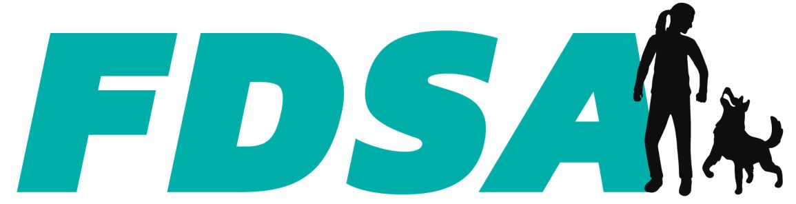 FDSA logo - FDSA in green letters with a woman and dog at her side in black 