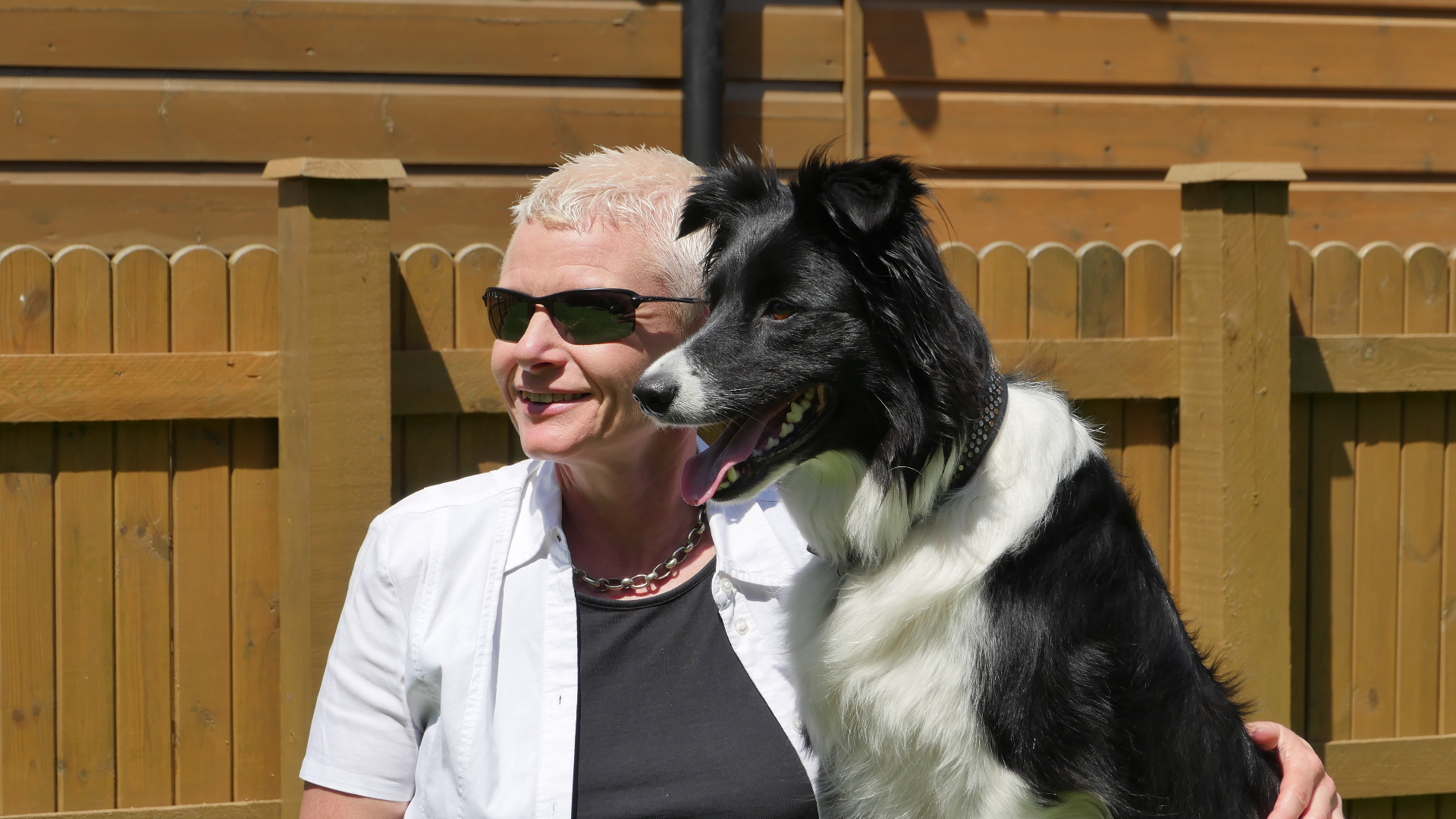 Picture Di Martin with border collie gazing together towards the left side of the camera