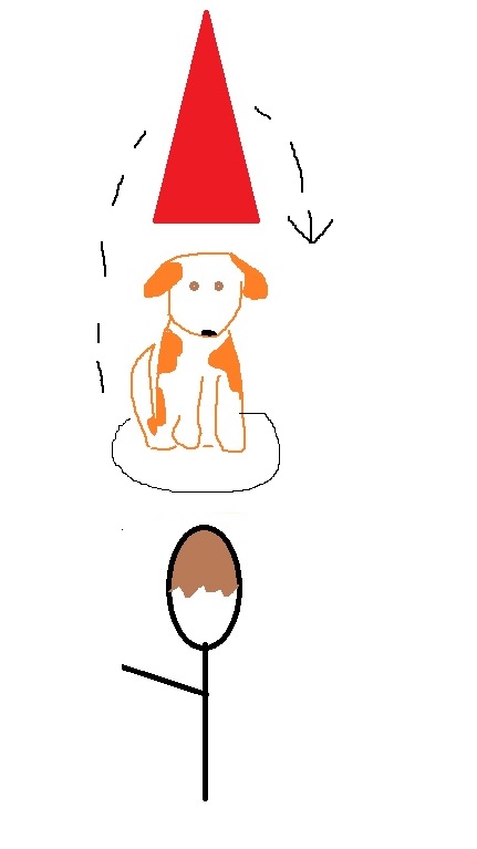 cone, dog sitting on a target in front of the cone, and the handler standing in front of the dog.  signaling with their left arm for the dog to turn clockwise to go around the cone .